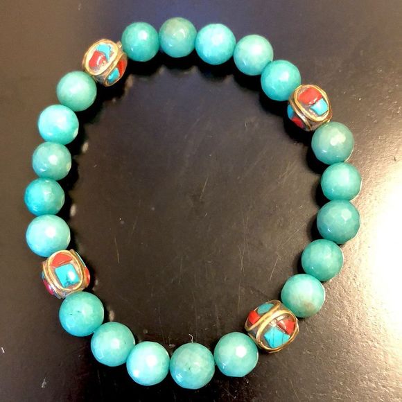 Faceted Jade Bead Bracelet w Bronze Accent Beads w Coral & Turquoise Inlay - Picture 8 of 11
